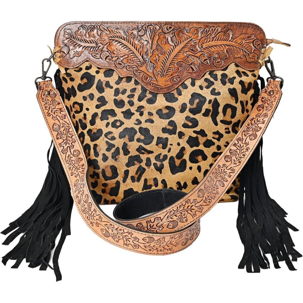 Leather Crossbody Bag Women Vintage Cowhide Fringe Adjustable Multipocket Purse